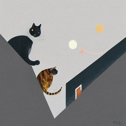 Image similar to a cat walking on the roof of a building, a minimalist painting by Emiliano Ponzi, behance, bauhaus, isometric, matte drawing, flat shading