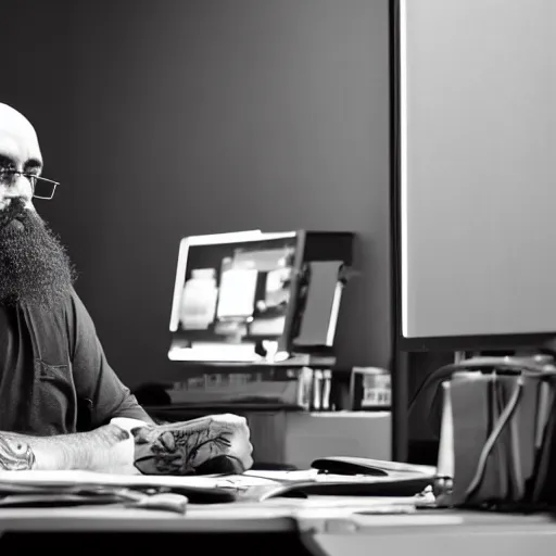 Prompt: dystopian photo of a slim, bald, middle aged man with a short beard and sleeve tattoos, he is sitting at a desk with a pc in a dark room, atmospheric, darkness, glowing screen, crisp detail, medium distance, office cubicles, by paolo pellegrin