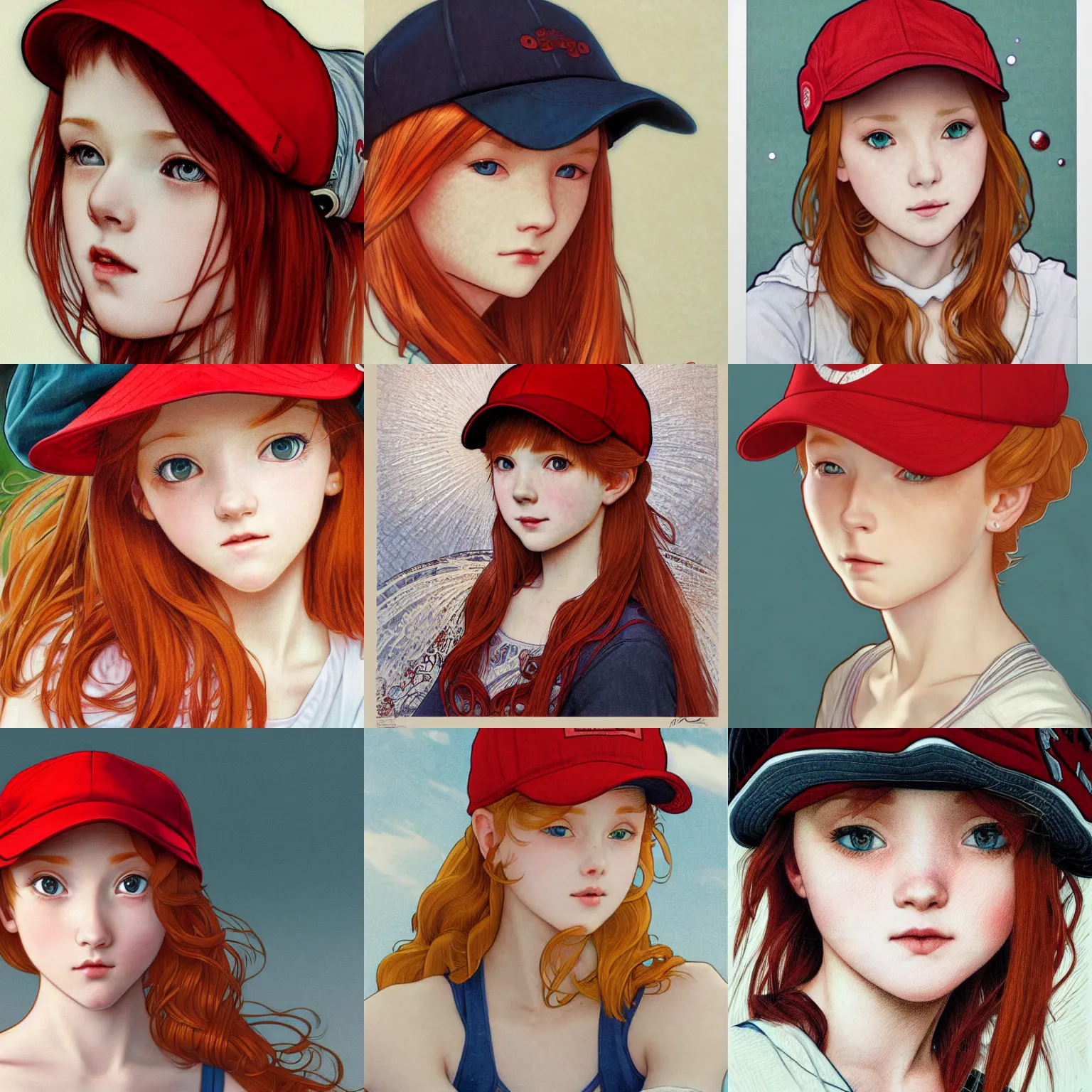 Prompt: closeup portrait of young redhead girl in red side cap. insanely and epically detailed high-quality artwork with soft colors, exquisitely detailed soft shadowing, amazingly composed image, epic pencil illustration, by Range Murata and by Alphonse Mucha and by Katsuhiro Otomo