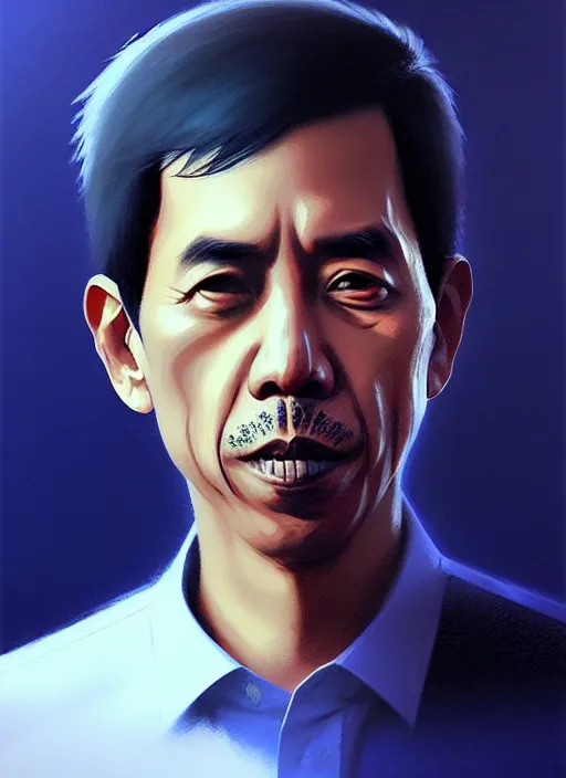 Image similar to a portrait of jokowi, fine - face, realistic shaded perfect face, fine details. blue - ish cosmic setting. very anime style. realistic shaded lighting poster by ilya kuvshinov katsuhiro, raden saleh, basuki abdullah, jeremy lipkin and michael garmash, rob rey and kentaro miura style, trending on art station