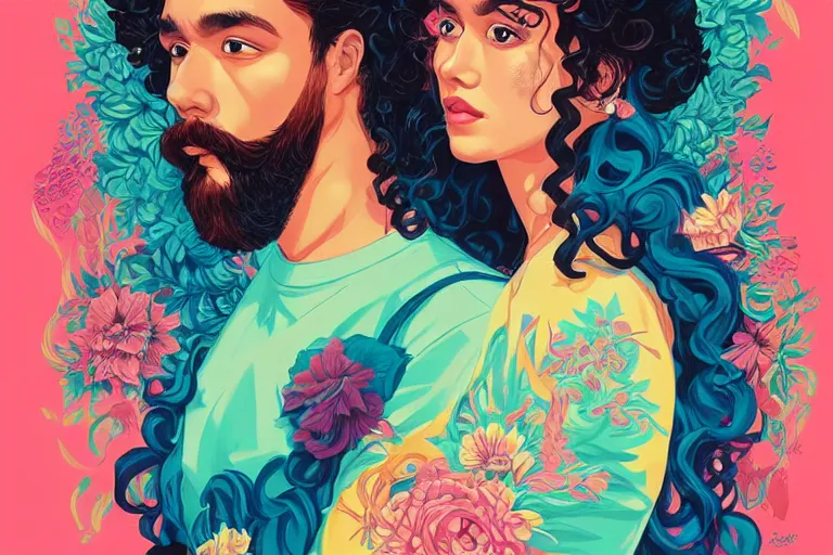 Image similar to hispanic girl medium length curly hair, and a bearded mixed race man, tristan eaton, victo ngai, artgerm, rhads, ross draws