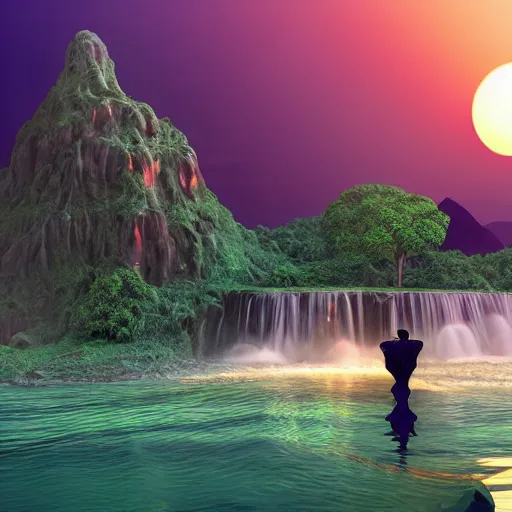 Prompt: a low-poly render of a big purple hand holding the orange setting sun on the ocean horizon. a green tinted transparent beckoning lady in front of a waterfall. a cream colored abandoned building featuring two statues and pitch black periphery. a prehistoric jungle scene with a mountain in the background.