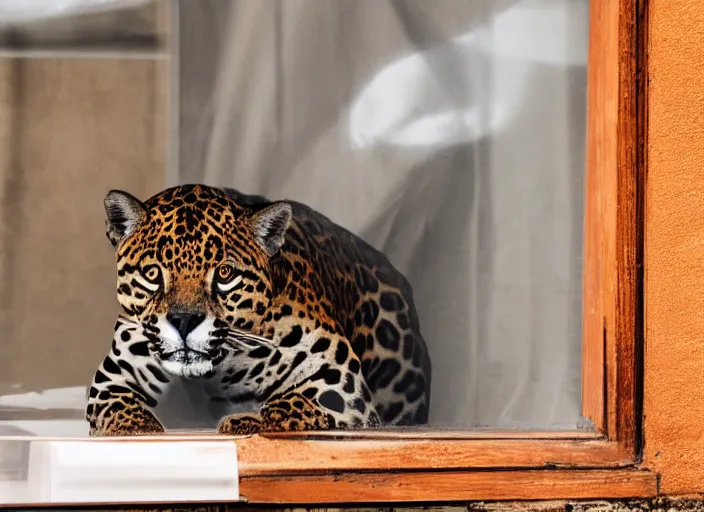 Image similar to photography of a Jaguar Cat . watching outside the window. on a bed. in a 70's room full of vinyls and posters, photorealistic, award winning photo, 100mm, sharp, high res