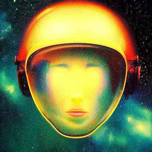 Image similar to cosmic skies in the reflection on an astronaut helmet. Vivid colors, soft lighting, atmospheric, cinematic, moody, in the style of Ilya Kuvshinov and Range Murata, Krenz Cushart, rule of thirds, oil on canvas, 8k.
