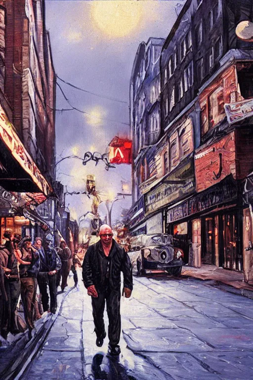 Image similar to charles bronson death wish, city street, midnight, highly detailed painting, realistic, 4 k, tom lovell painting