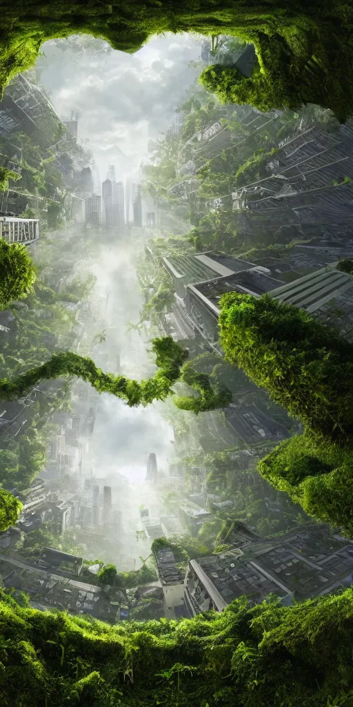 Prompt: an epic view of vines and moss growing on the empire state building, moss, jungle, with pterosaurs flying, close - up, low angle, wide angle, atmospheric, volumetric lighting, cinematic, 8 k hg, ray tracing, octane render, unreal engine, very realistic, highly detailed digital art, painted by tyler edlin