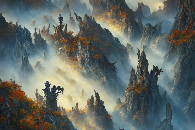 Image similar to high aerial shot, cinematic fantasy painting, dungeons and dragons, desert valley of bones with autumn maple bonsai, with sunset lighting ominous shadows by jessica rossier and brian froud