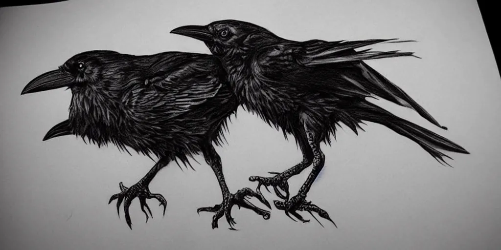 Prompt: realistic tattoo designs drawn on paper, mutant raven, dark, golden, delicate, hyper realism, tim burton, ink, ultra realistic, 8 k