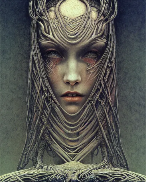 Image similar to a 3/4 view of a Norse goddess highly detailed, digital art, in the style of Ayami Kojima, Zdzislaw Beksinski, H. R. Giger