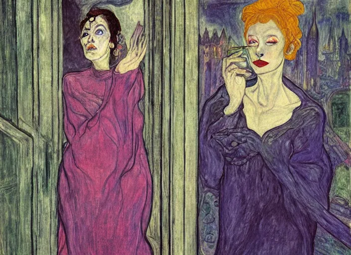 Image similar to woman in transparent vaporous night gown with demonic creature with horns and snout, with city with gothic cathedral seen from a window frame with curtains. vivid iridescent psychedelic colors. munch, egon schiele, bosch, henri de toulouse - lautrec, utamaro, monet, agnes pelton - h 7 0 4