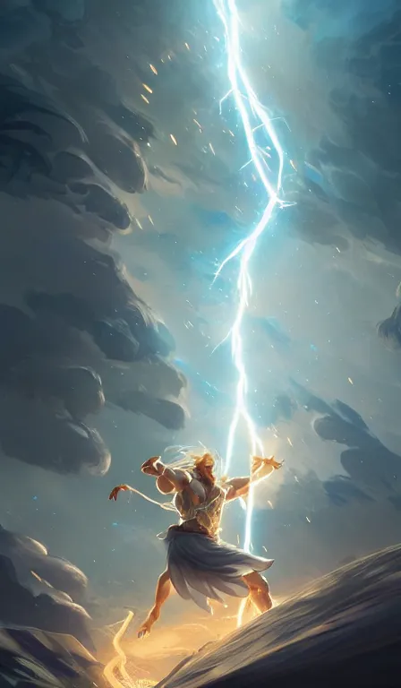 Image similar to the god zeus, lightning, action, epic, close up, sharp focus, digital art, concept art, dynamic lighting, character design by anna dittman, and rossdraws, environment design by jessica rossier