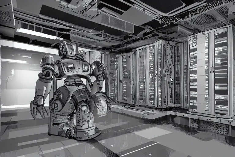 Image similar to parallax datacenter server room single mono colossus white rusty android robosaurus in artstation cinematic detailed