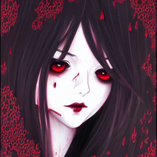 Image similar to beautiful seductive female ghost, in the rain, highly detailed, painting, dark red and black color palette, intricate, high quality anime artstyle, in the style of sana takeda