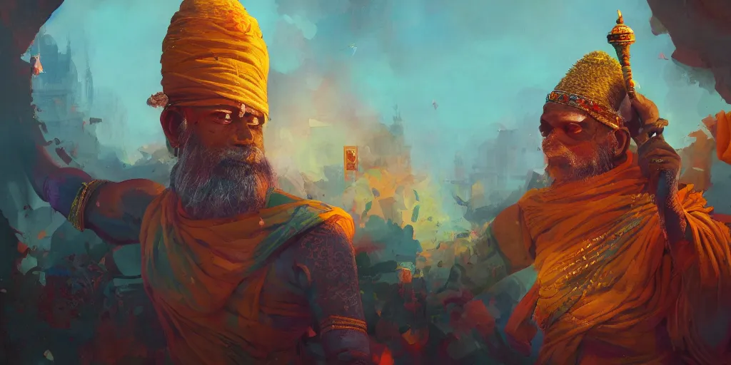 Image similar to indi gods india monk, colorful, contrast, 3 d scene, greg rutkowski, zabrocki, karlkka, jayison devadas, trending on artstation, 8 k, ultra wide angle, zenith view, pincushion lens effect