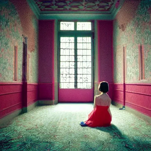 Image similar to a lonely girl in an haunted liminal abandoned room, film still by wes anderson, limited color palette, very intricate, art nouveau, highly detailed, lights by hopper, soft pastel colors