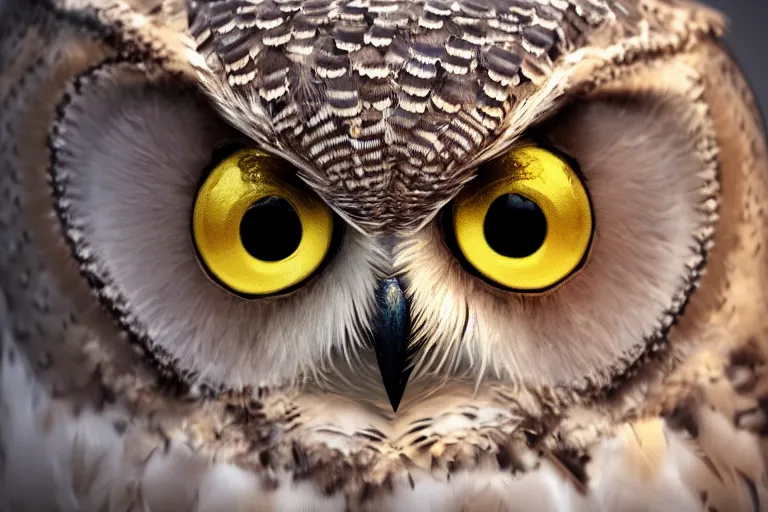 Image similar to the eye of an owl with golden feathers, hyperrealistic, many details, 3d render, octane, cinematic, macro photography