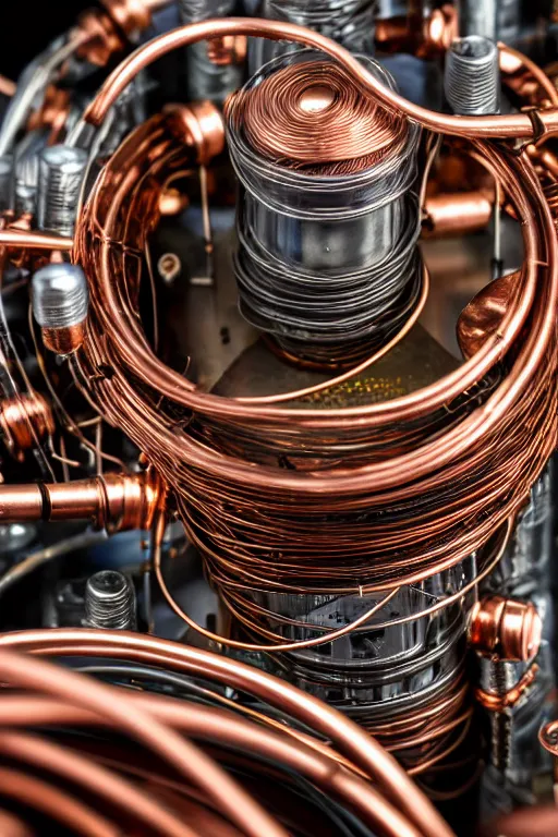 Prompt: A photo of an old opened camera, with vacuum tubes and copper wire coils inside, the most complex looking machine ever made by Annie Lebovitz and Steve McCurry Ultra detailed, hyper realistic, 4k