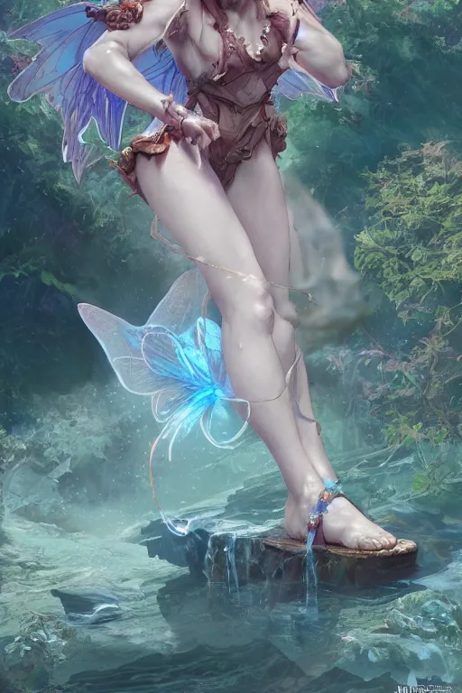 Image similar to river glitch initiator wearing sandals of the fairy by artgerm and Craig Mullins, James Jean, Andrey Ryabovichev, Mark Simonetti and Peter Morbacher 16k