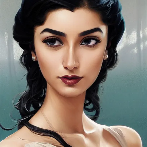 Prompt: modern tanned Ameera al-Taweel, blue eyes, wavy black hair, white veil, highly detailed, digital painting, artstation, concept art, smooth, sharp focus, illustration, ArtStation, art by artgerm and greg rutkowski and alphonse mucha and J. C. Leyendecker and Edmund Blair Leighton and Katsuhiro Otomo and Geof Darrow and Phil hale and Ashley wood and Ilya repin and Charlie Bowater