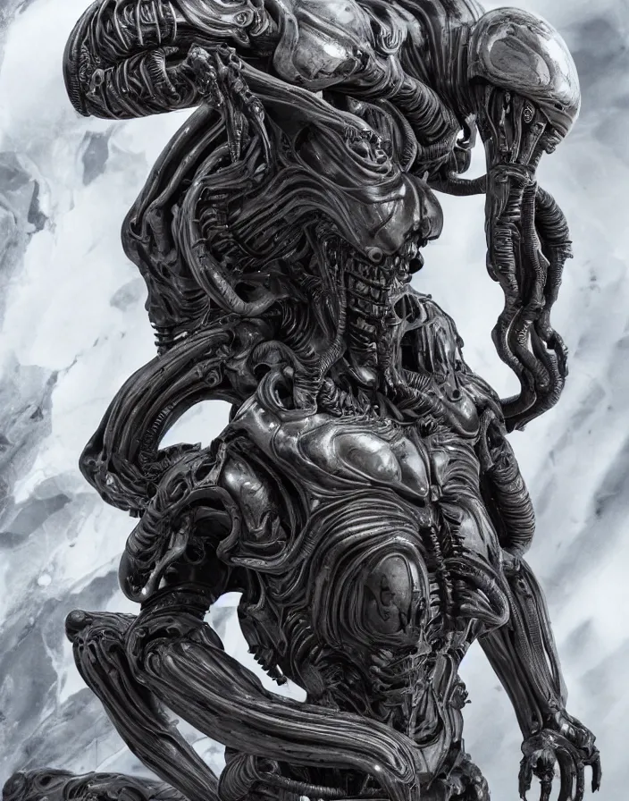 Image similar to engineer prometheus, xenomorph alien, highly detailed, symmetrical long head, smooth marble surfaces, detailed ink illustration, raiden metal gear, cinematic smooth stone, deep aesthetic, concept art, post process, 4k, carved marble texture and silk cloth, latex skin, highly ornate intricate details, prometheus, evil, moody lighting, hr geiger, hayao miyazaki, indsutrial Steampunk