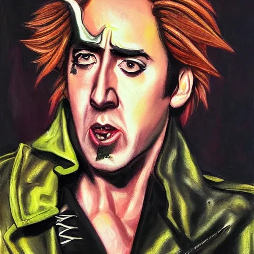 Prompt: nic cage as dio brando, buff, painted portrait, highly detailed,