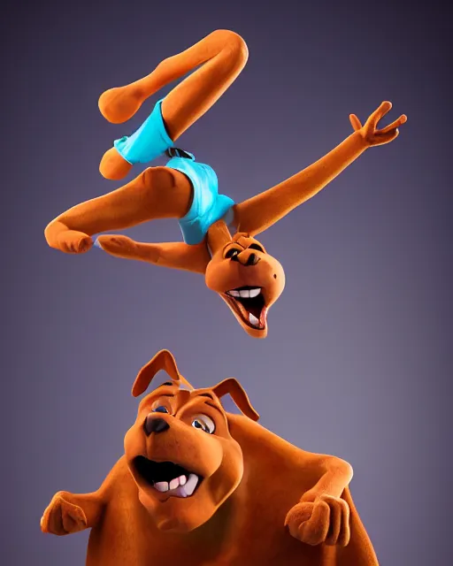 Prompt: Scooby Doo doing a backflip, studio lighting, white background, blender, trending on artstation, 8k, highly detailed