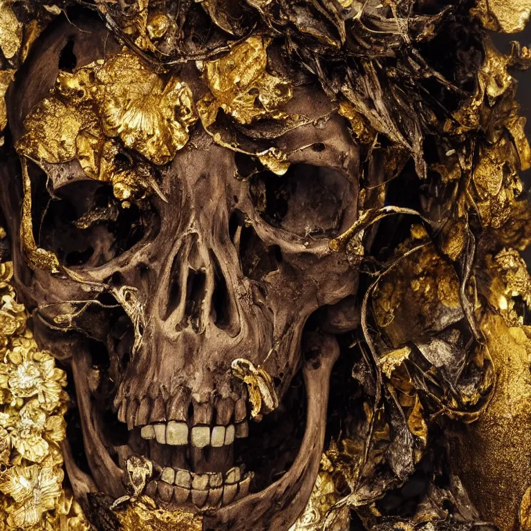 Image similar to A beautiful oil painting hyperrealism of a decayed black skeleton head, rotting black clay skin, bones, close up, gold flowers, gold floral headdress, 8k resolution, octane render