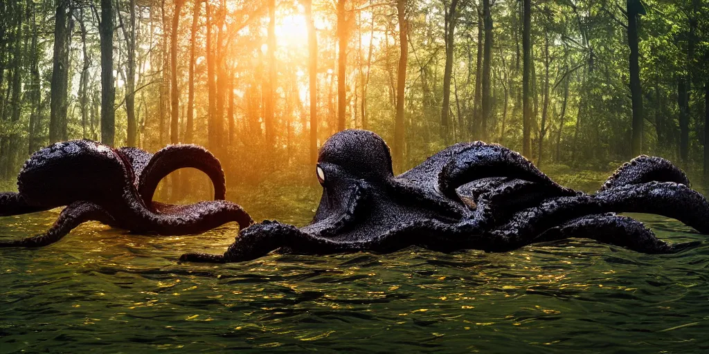 Image similar to a highly detailed giant black octopus god floating in the middle of a forest, beautiful ambient light, sun rays hitting the slightly transparent creature, golden hour, 8k photography
