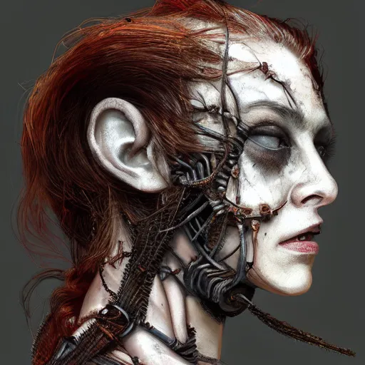 Image similar to portrait of a Shibari barbed wire wrapped face and neck, headshot, insanely nice professional hair style, dramatic hair color, digital painting, of a old 17th century, old cyborg merchant, amber jewels, baroque, ornate clothing, scifi, realistic, hyperdetailed, chiaroscuro, concept art, art by Franz Hals and Jon Foster and Ayami Kojima and Amano and Karol Bak,