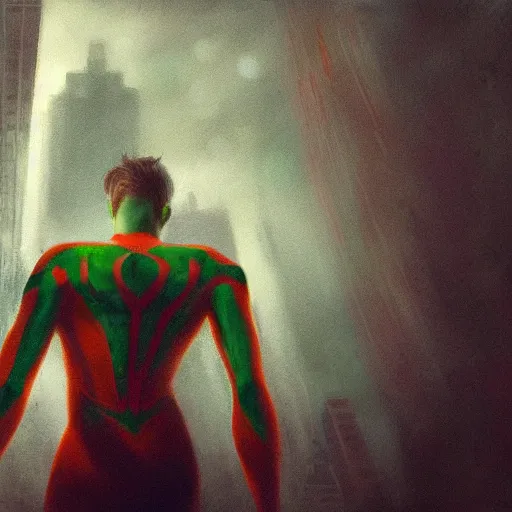 Image similar to moody atmospheric render of an orange and green spiderman by leon tukker