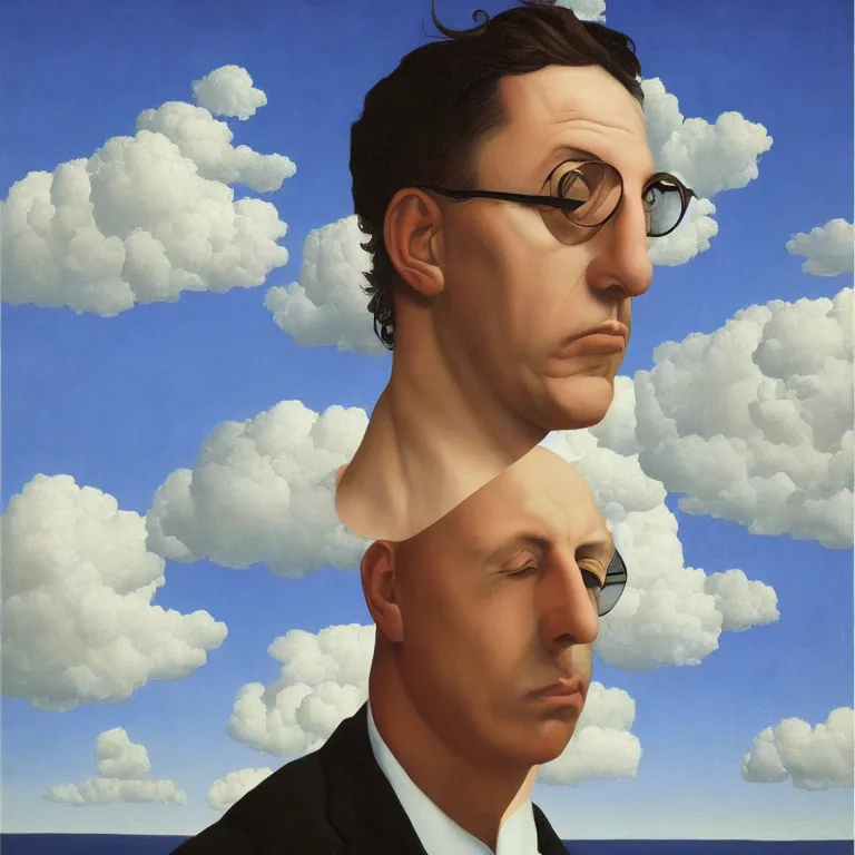 Prompt: portrait of maynard james keenan, clouds in the background, by rene magritte, detailed painting, distance, middle centered, hd, hq, high resolution, high detail, 4 k, 8 k