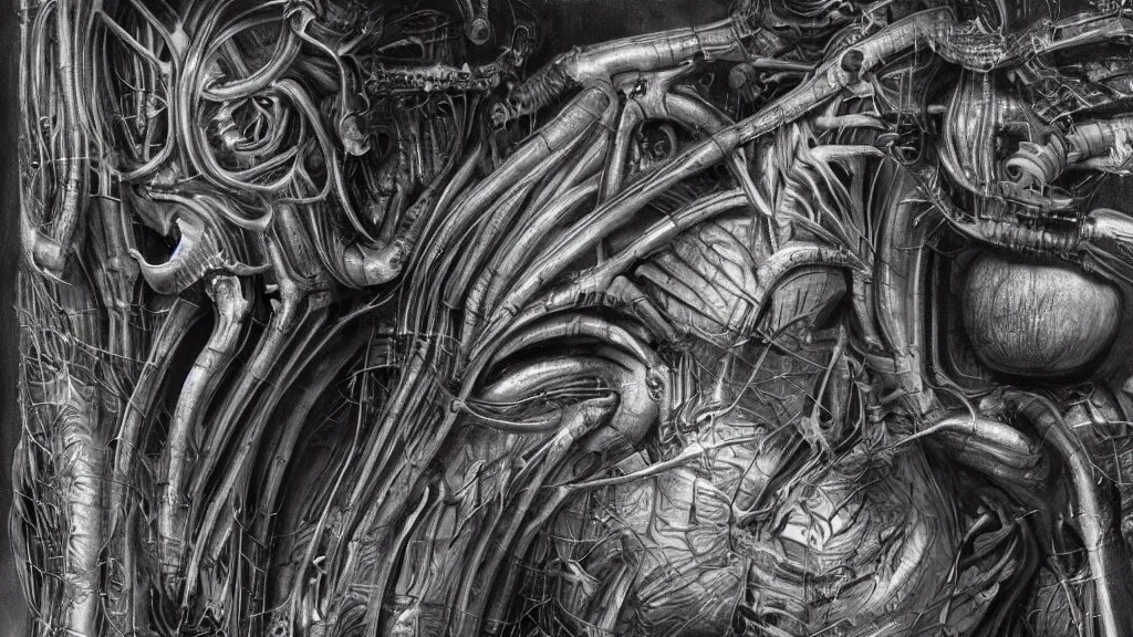 Image similar to Beating heart of the internet, anatomy, style of Giger, H. R. GIGER, 4K, highly detailed