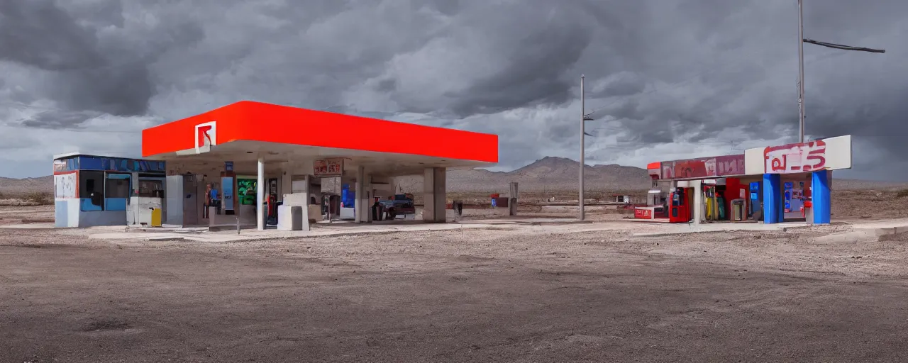 Prompt: a brutalist russian gas station with foreign neon signs next to a rural road in the desert of arizona, snow, stormy weather, ultra realism, digital art