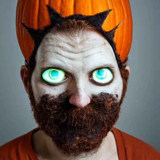 Image similar to pumpkin headed man with smokey glowing red eyes.