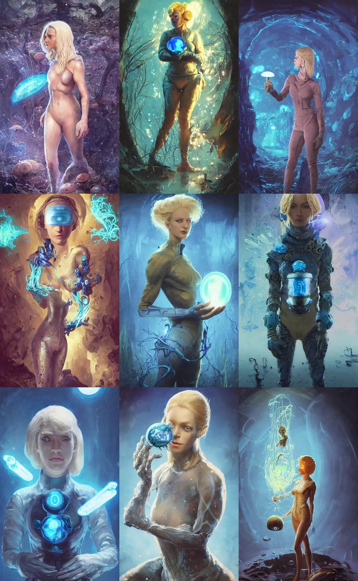 Prompt: A mixed media portrait painting of a beautiful blonde biologist woman, futuristic biohazard suit, examining a giant blue glowing mushroom in a mire, detailed Aesthetic! face and eyes, slavic, by Beeple, Frank Frazetta, Greg Rutkowski, Christian MacNevin, Boris Vallejo, epic fantasy character art, high fantasy, CGsociety, exquisite detail, post-processing, masterpiece, cinematic