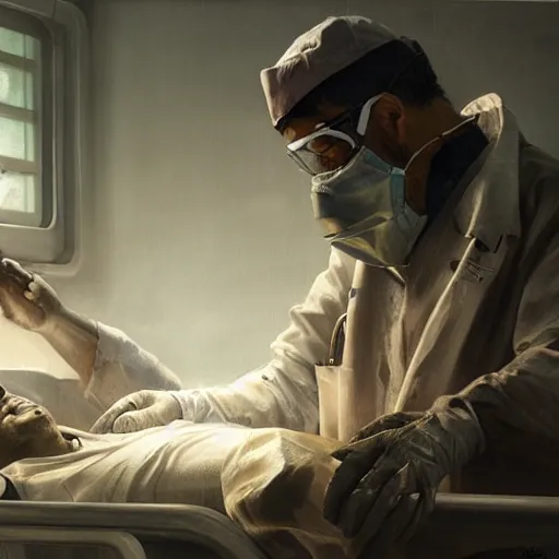 Prompt: A surgeon desperately trying to save his patient, oil painting by Cedric Peyravernay, highly detailed, cinematic concept art, dramatic lighting