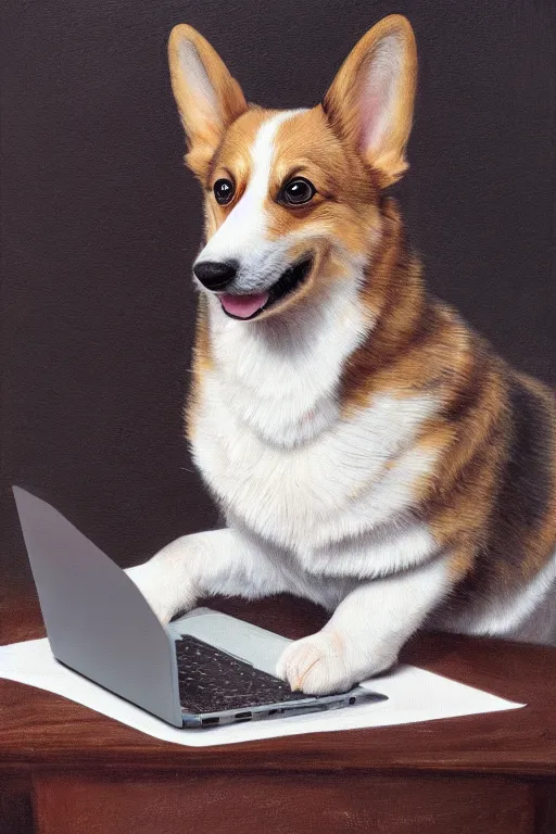 Prompt: Corgi on laptop studying for Medical School, oil on canvas, intricate, portrait, 8k highly professionally detailed, HDR, CGsociety