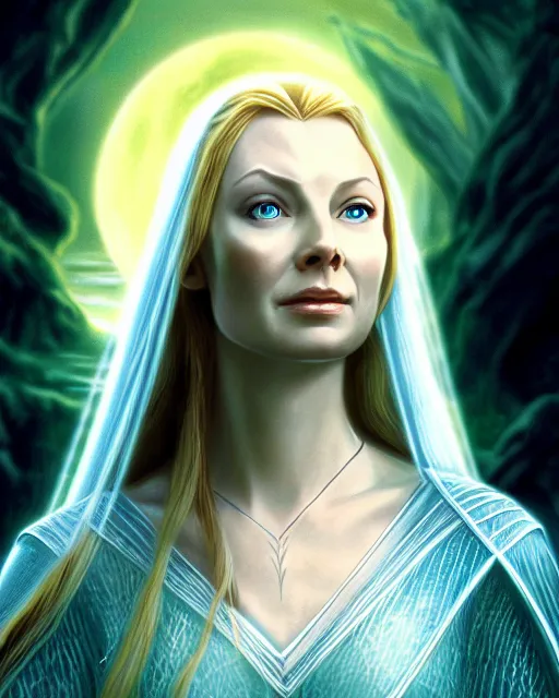 Prompt: Galadriel from Lord of the rings, Cover art by Stephen Bliss, boxart, loading screen, 8K resolution