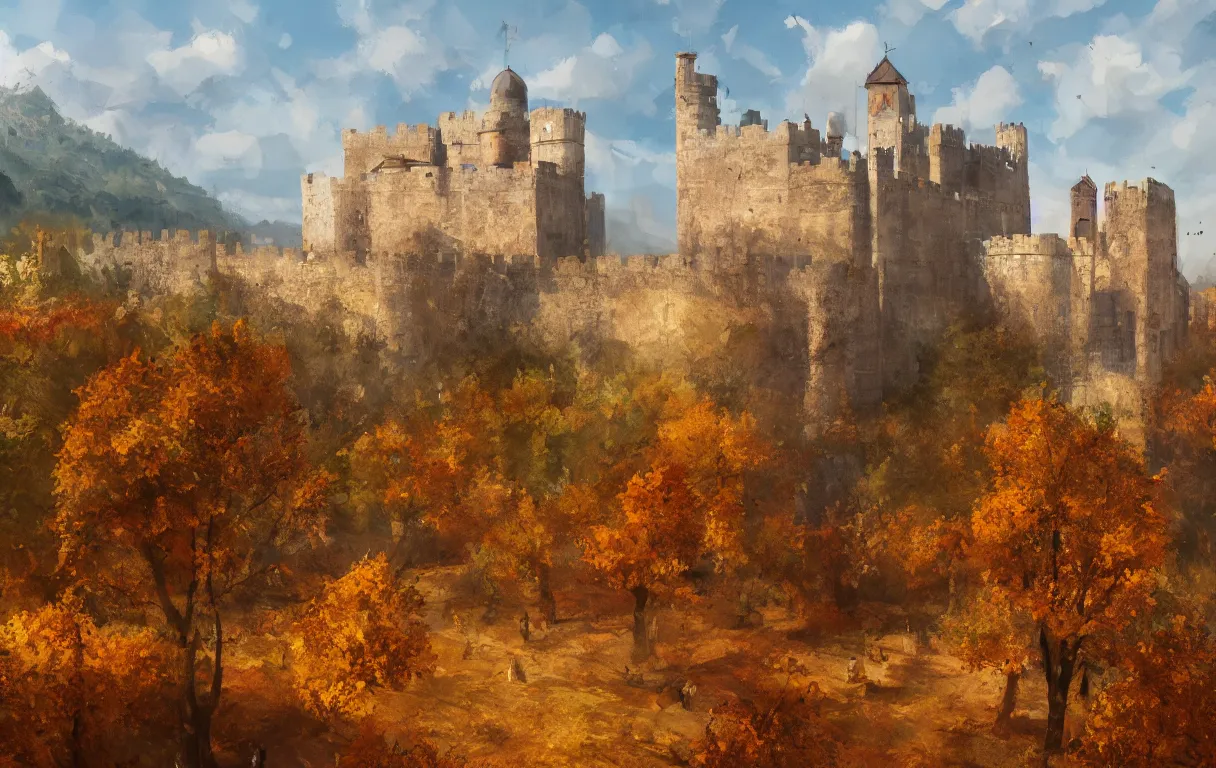 Prompt: high quality concept art from a historical fiction video game set in italy, battlements in autumn, beautiful oil painting, concept art, trending on artstation, 4 k hd, 3 5 mm f / 5. 0