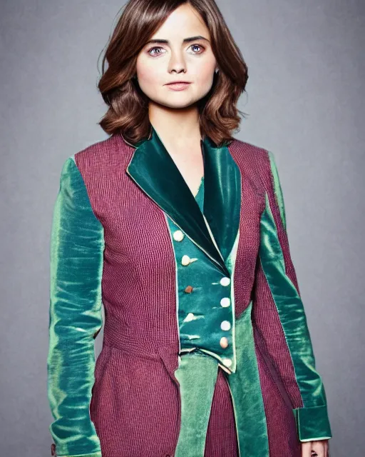 Image similar to Jenna Coleman as the Doctor, velvet frock coat, waistcoat