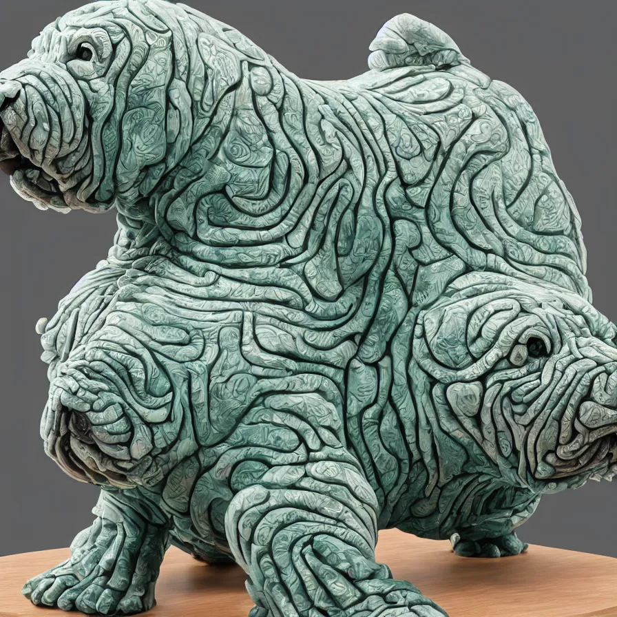 Prompt: beautiful gallery show studio photograph of a giant realistic biomechanical ceramic sculpture of a shar pei dog, fractal 3 d structure, celadon glaze, placed on a polished wooden table, colorful hyperrealism 8 k trending on artstation