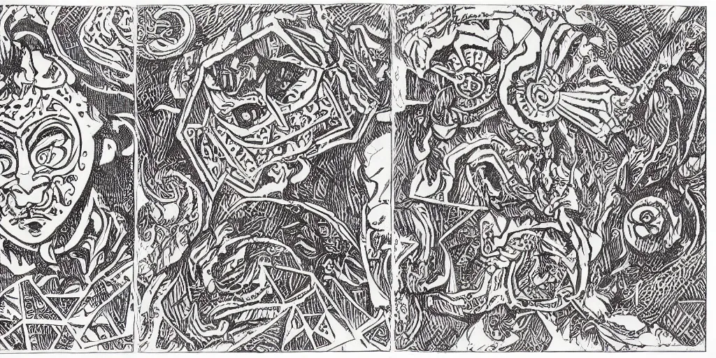 Image similar to scan of book with intricate geometrical and patterned ink drawings of tyrolean folklore masks, krampus, folklore, dance, dolomites, scary dark, dark ink, old paper