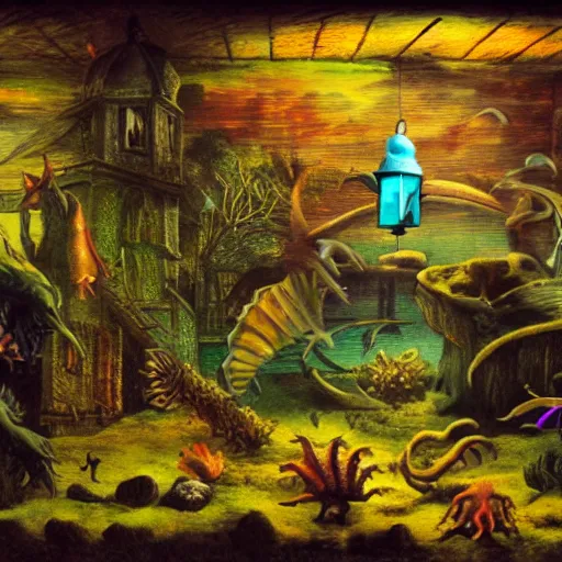 Image similar to Pilgrims in dark aquarium with sea monsters and surreal fish