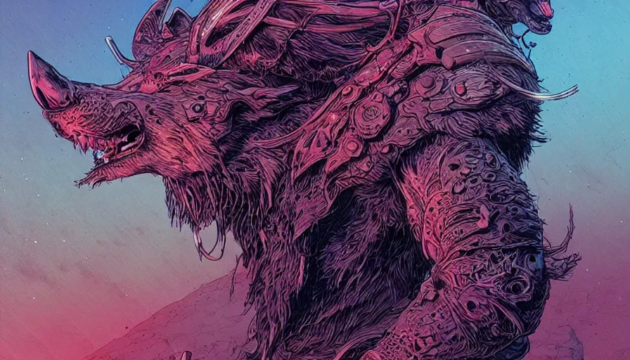 Prompt: humanoid bulky wolf warrior from elden ring by moebius and kilian eng, atmospheric, fine details, vivid, neon, masterpiece