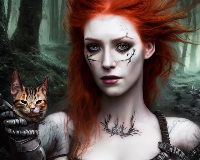 Image similar to 5 5 mm portrait photo of an armored gorgeous anesthetic redhead woman warrior with a face tattoo and cat eyes and horns growing from her head, in a magical forest in the style of greg rutkowski. by luis royo. highly detailed 8 k. intricate. lifelike. soft light. nikon d 8 5 0. cinematic post - processing