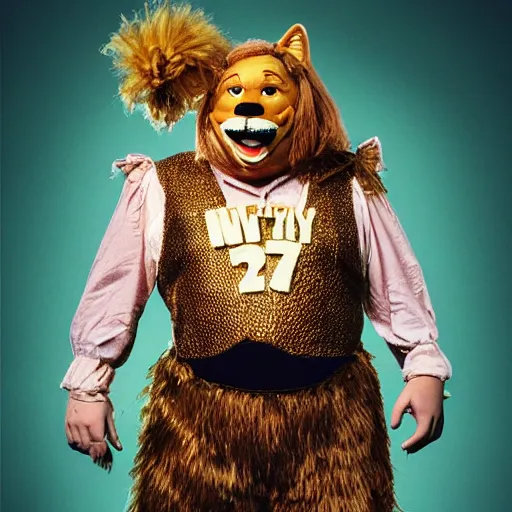 Image similar to snl chris farley as the cowardly lion of oz, studio poster photography, trending on artstation, featured on deviantart, award winning costume