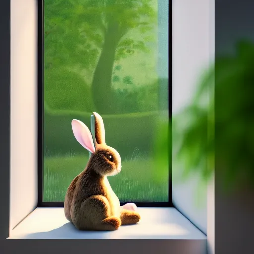 Image similar to beautiful peaceful dreamy painting of a big bunny sitting by a window and looking outside, sunshine coming through the window, small plants on the window sill, 8k, hyper realism, trending on artstation, octane render