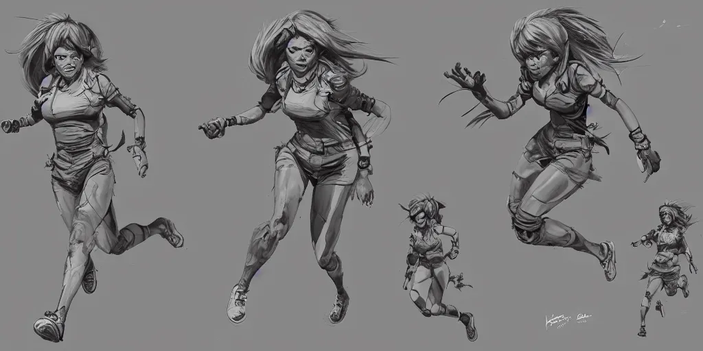 Image similar to cartoonish brigitte bardot running, character sheet, fine details, concept design, contrast, kim jung gi, greg rutkowski, trending on artstation, 8 k, full body, turnaround, front view, back view, ultra wide angle