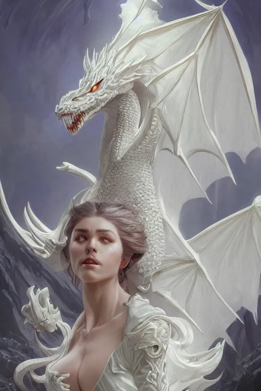 Image similar to a beautiful white dragon, D&D, fantasy, intricate, elegant, highly detailed, digital painting, artstation, concept art, smooth, sharp focus, illustration, art by artgerm and greg rutkowski and alphonse mucha