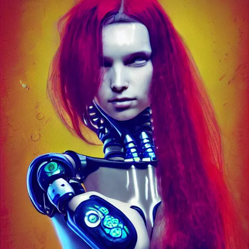 Image similar to portrait of a robot girl with long red hair and a tattoo in the style of the game cyberpunk 2 0 7 7, under water, very beautiful enga style, the girl is wrapped in color, photorealism albrecht durer george copeland ault